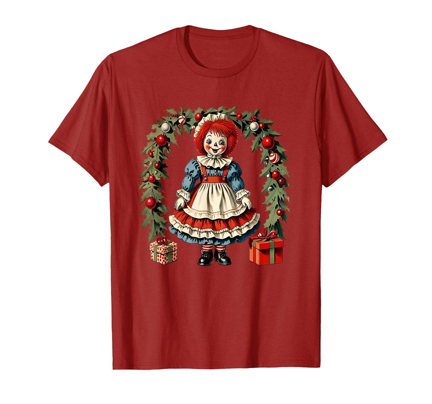 X-mas Children's Cloth Rag Doll Story Raggedy Ann Christmas Wreath and Presents T-Shirt