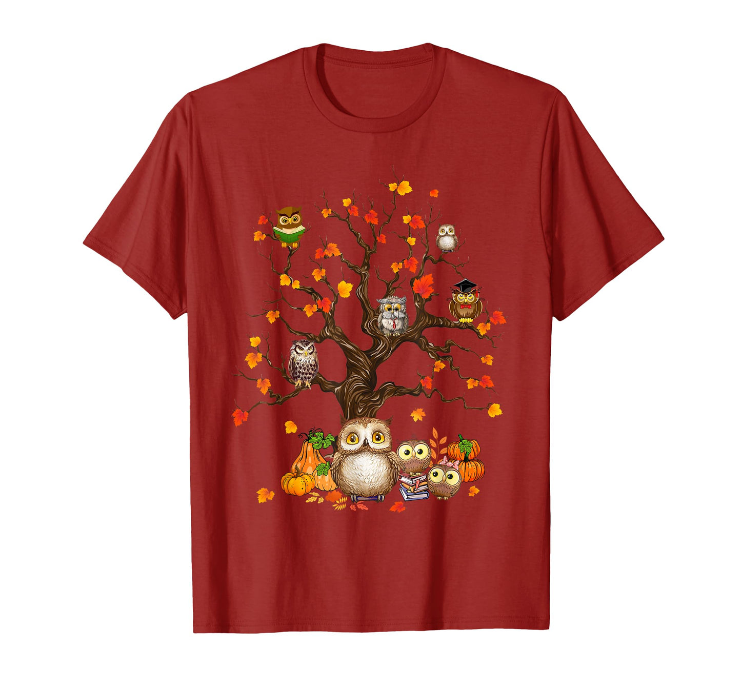Owls Leaves Tree Fall Autumn Pumpkin Halloween Owl Lover Kid T-Shirt