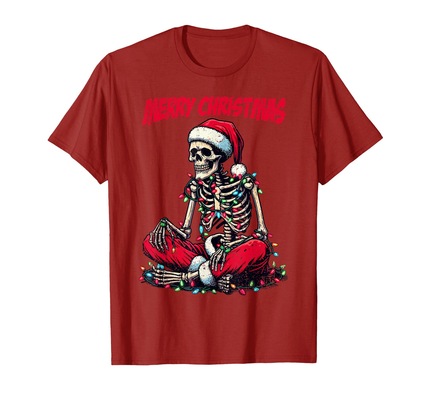 Skeleton Santa Hat Merry Christmas X-mas Lights Holiday T-Shirt