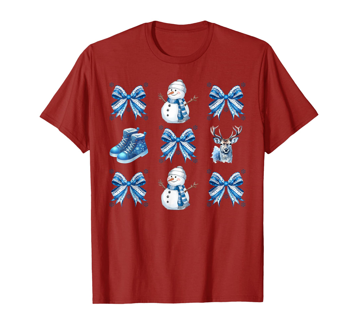 Cute Snowman Coquette Bow Winter Wonderland Icy Blue Xmas T-Shirt