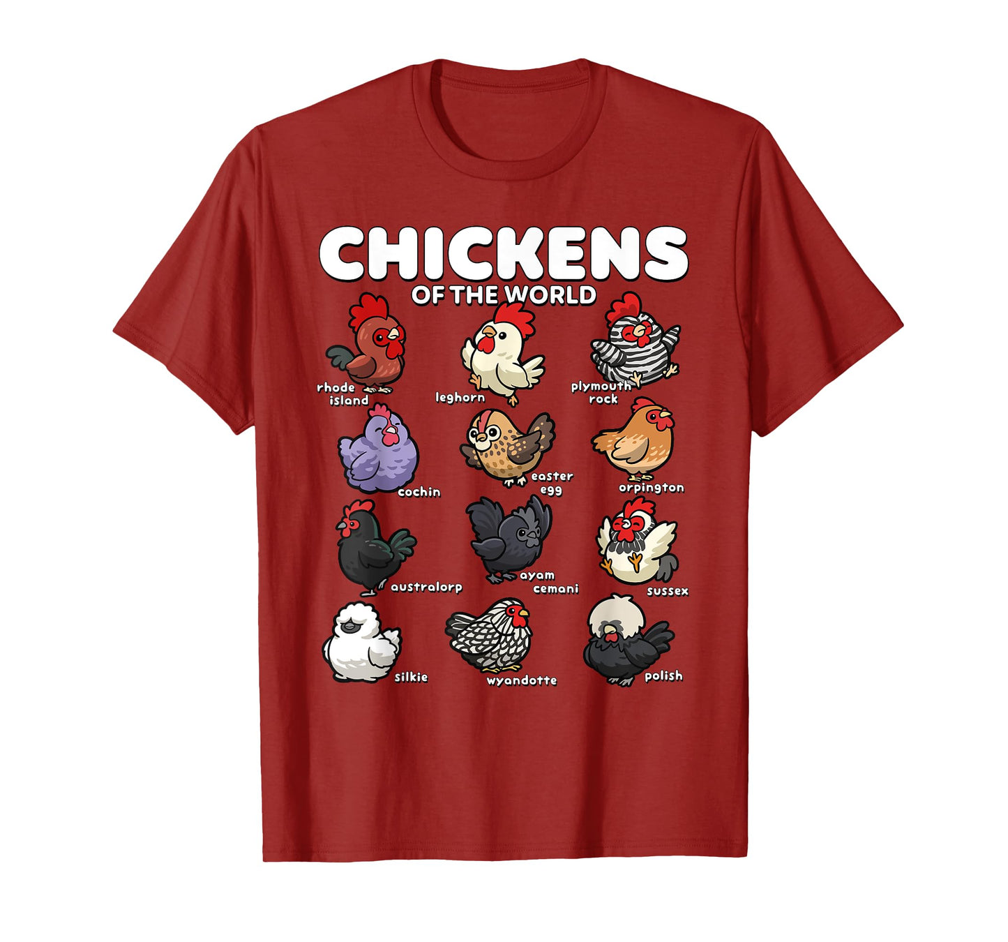 Chickens of the World Funny Cartoon Chicken Breeds Farm Art T-Shirt