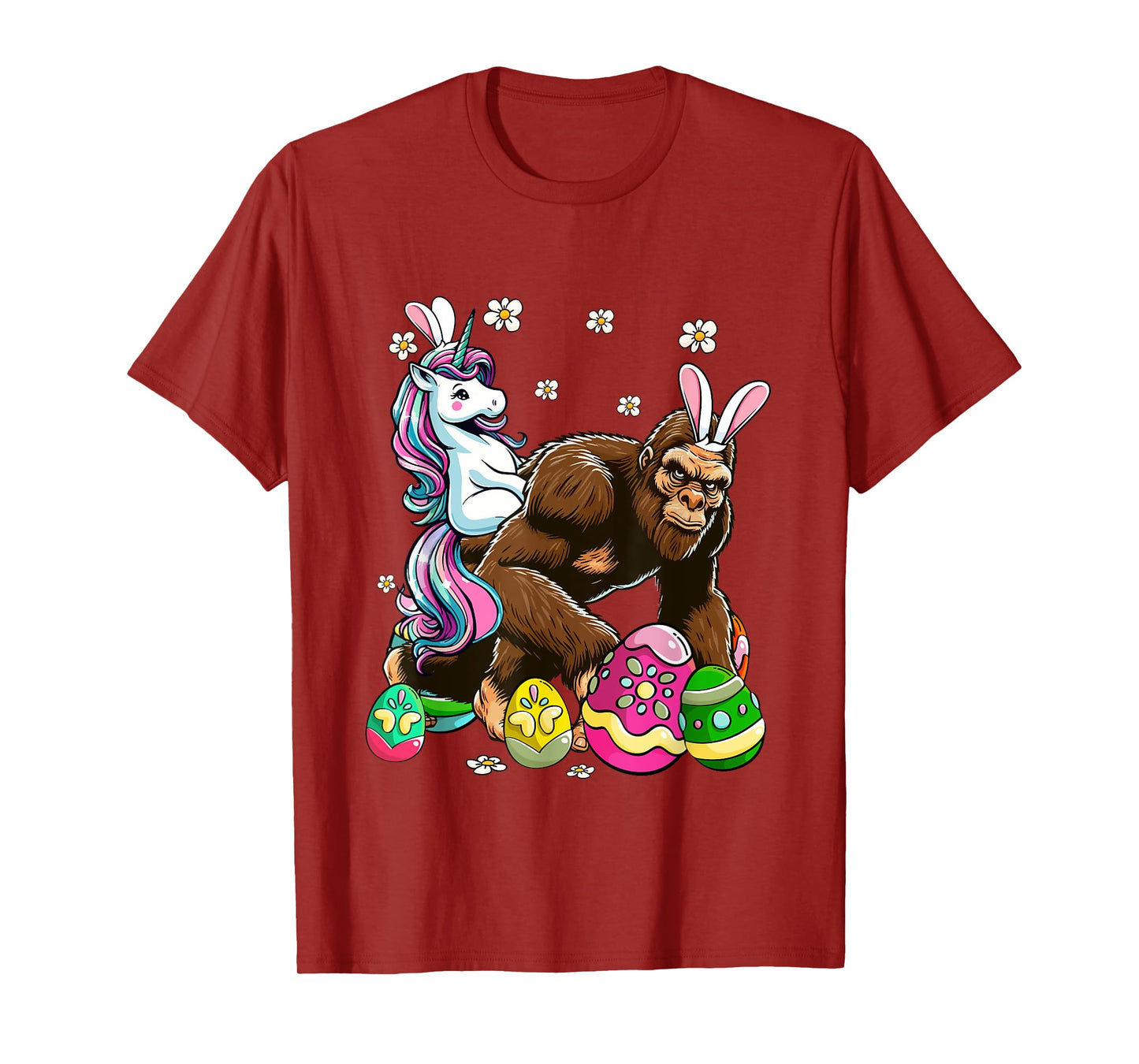 Bunny Unicorn Riding Bigfoot Flowers Easter Day Hunting Eggs T-Shirt