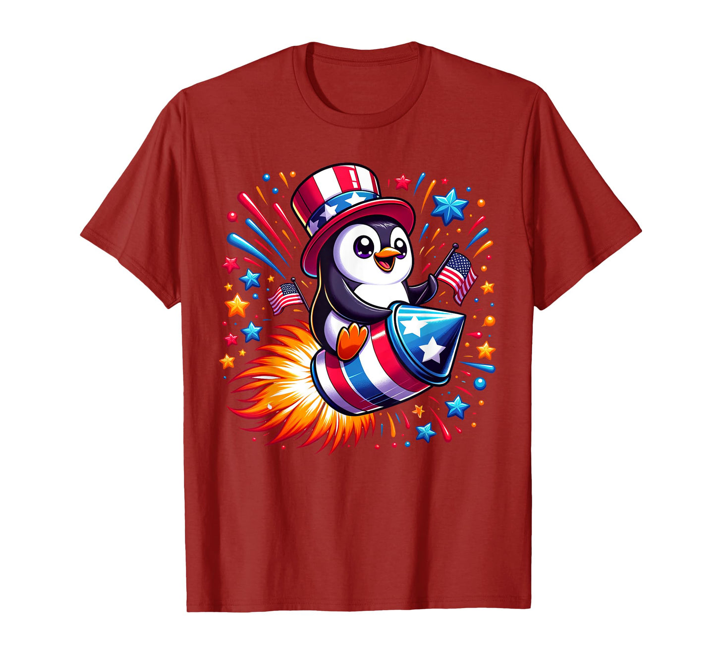 Cute Penguin 4th July Fireworks American USA Flag Boys Girls T-Shirt