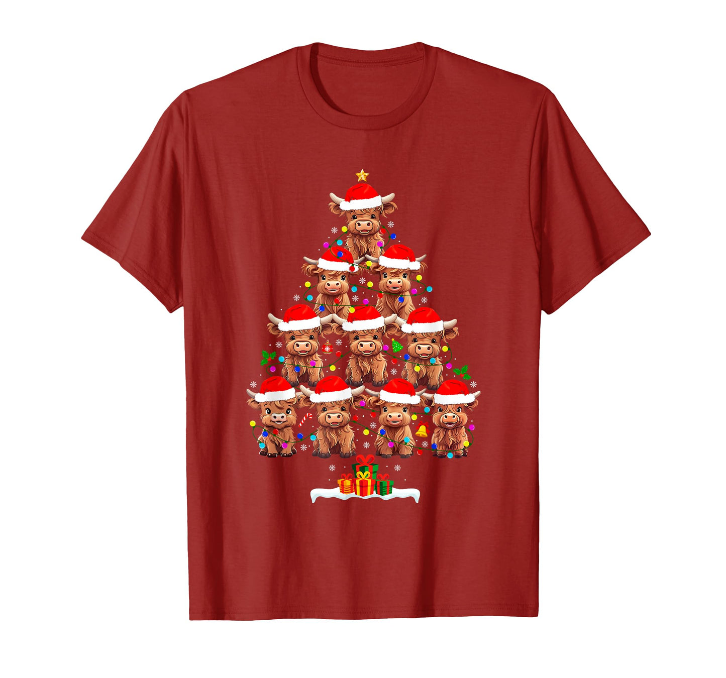 Scottish Highland Cow Christmas Tree Lights Xmas Pajamas T-Shirt