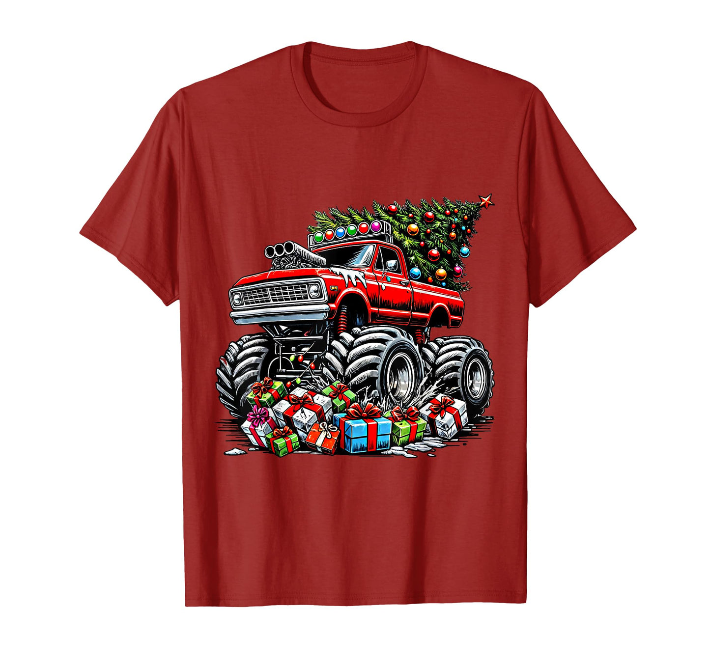 Monster Truck Crushing Christmas Tree Boys Kids Toddler T-Shirt