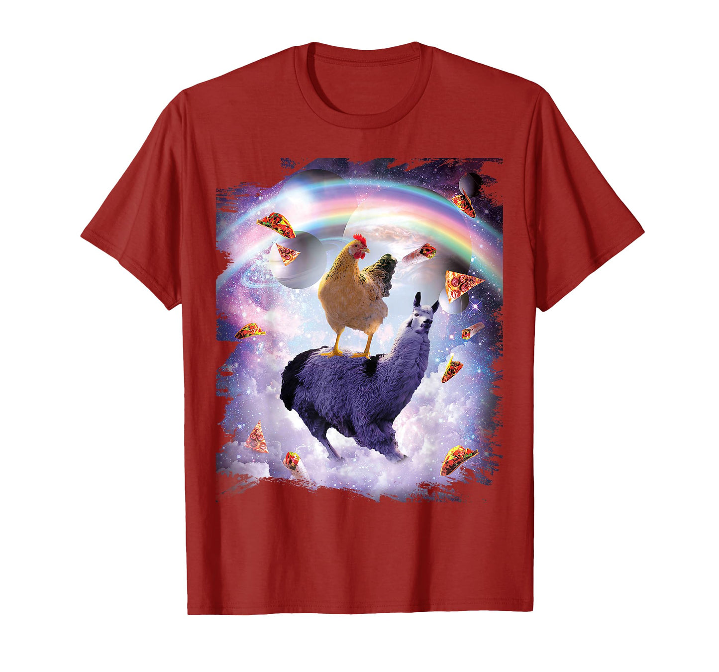 Chicken Riding Llama in Space - Rainbow T-Shirt