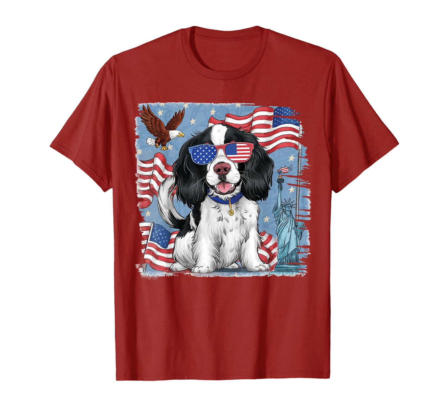 English Springer Spaniel Dog with American Flag 4th of July Women Kids Men T-Shirt