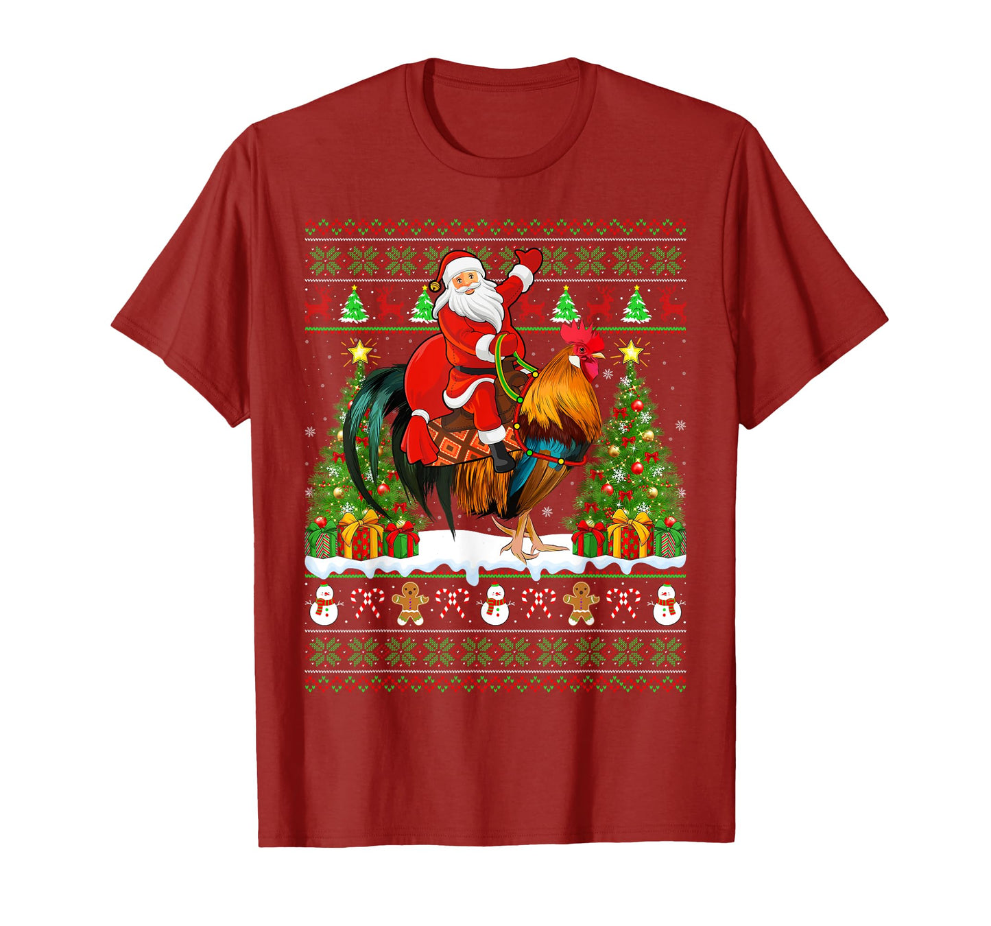 Rooster Bird Lover Funny Ugly Santa Riding Rooster Christmas T-Shirt
