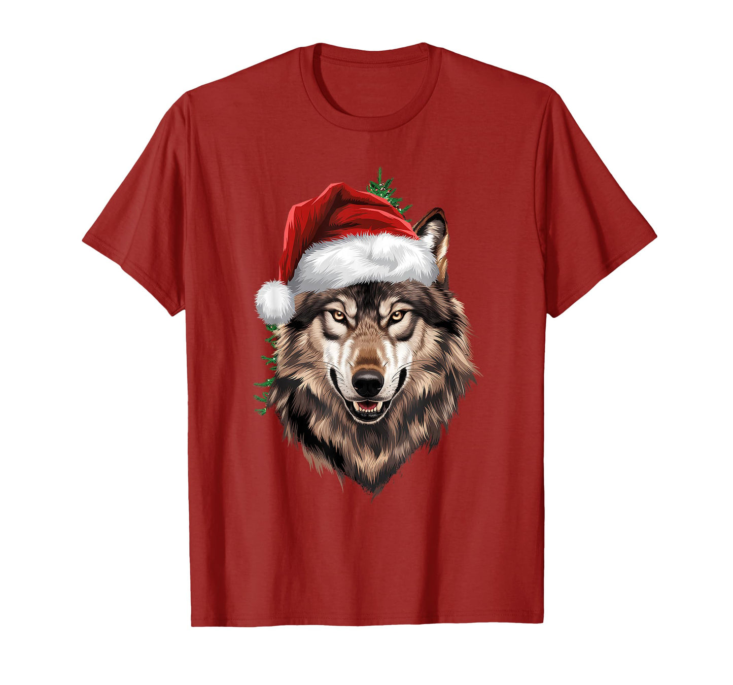 Wolf Christmas Funny Xmas tree Wearing Santa Hat T-Shirt