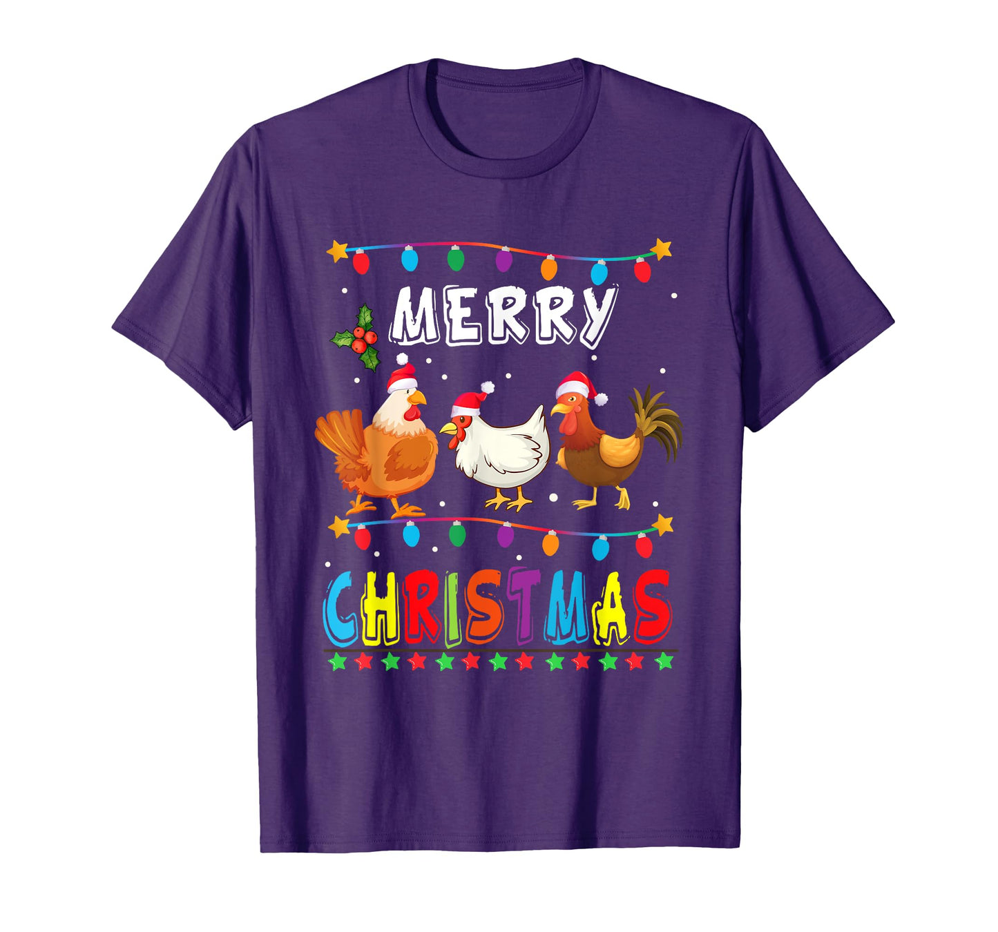 Merry Christmas Chicken Shirt Santa Hat Lights Xmas Funny T-Shirt