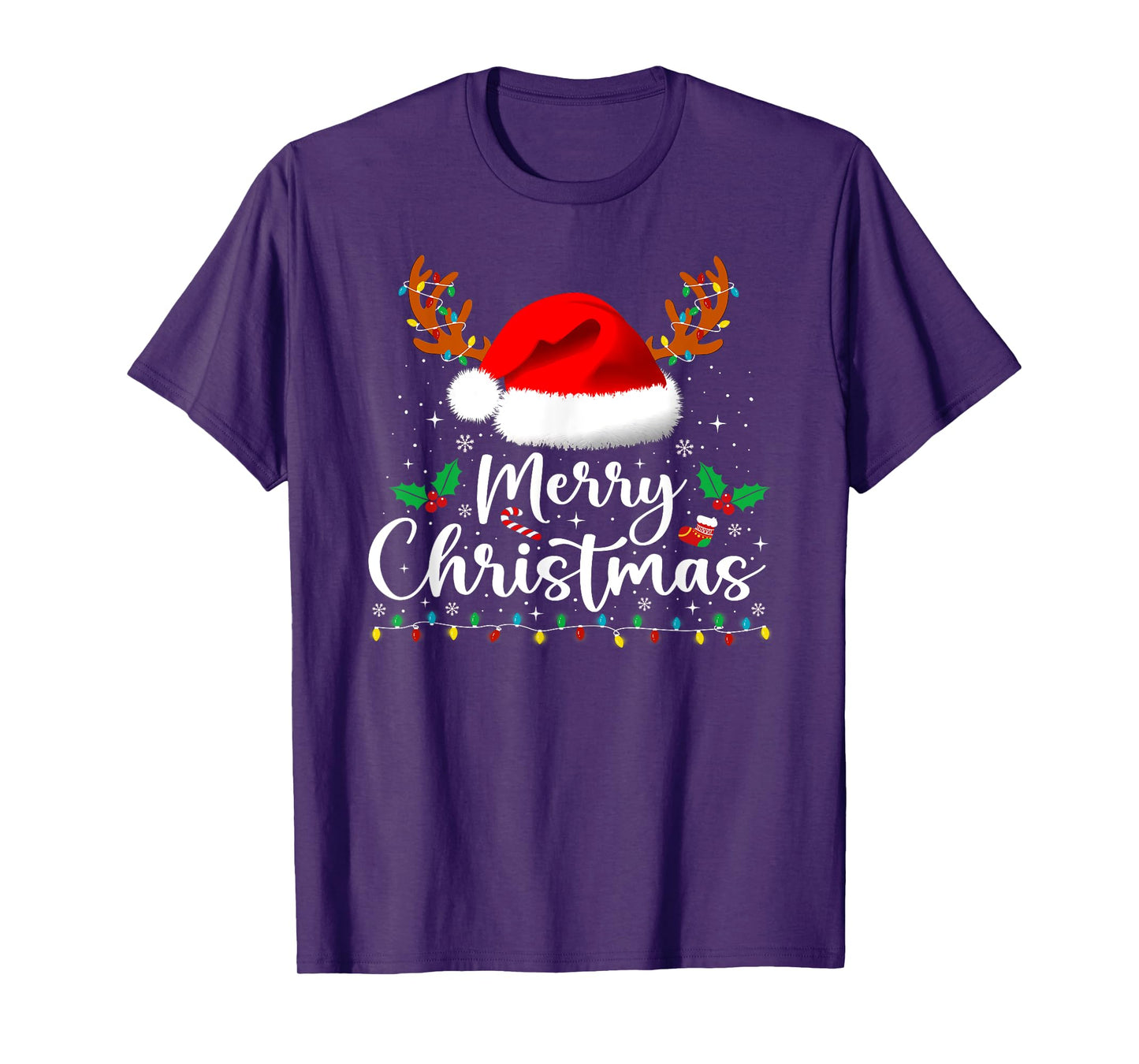 Merry Christmas Reindeer Funny Family Men Women Xmas Lights T-Shirt