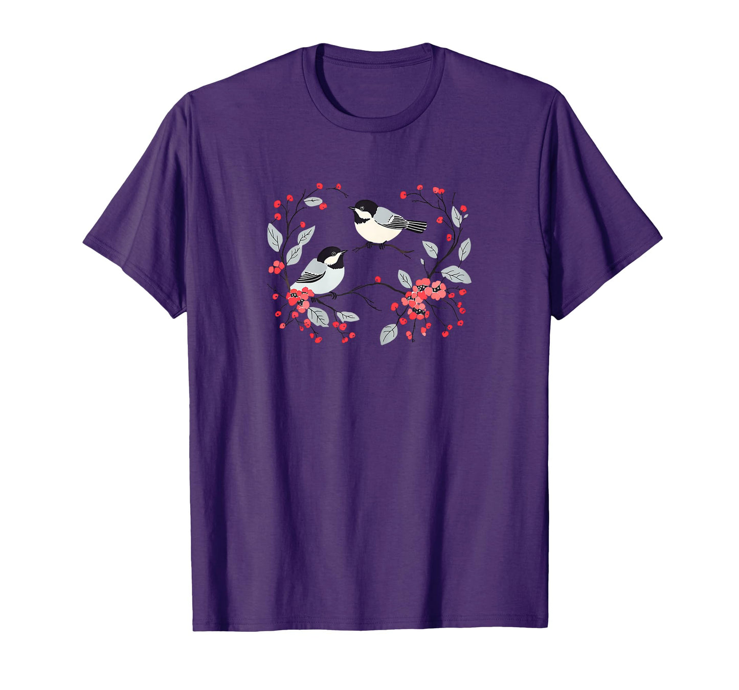 Romantic Chickadees Floral Wreath and Red Berries T-Shirt