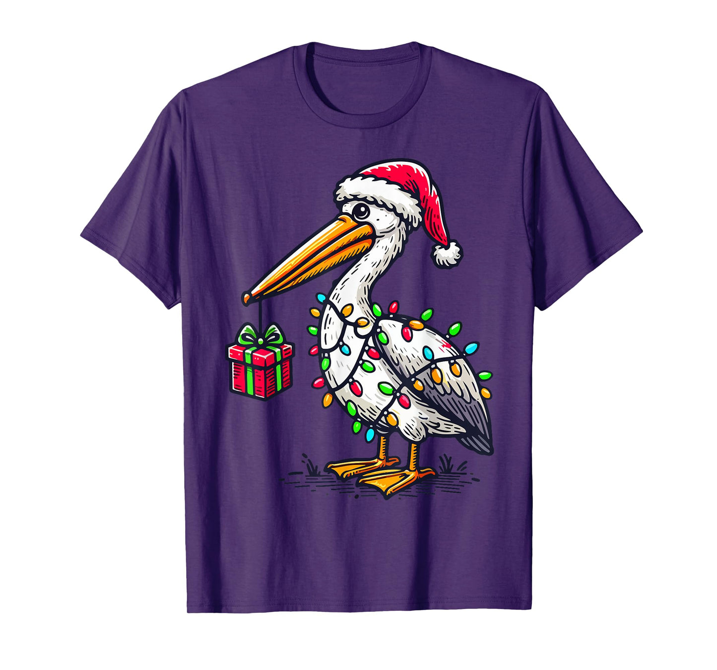 Pelican Bird Wearing Santa Hat, Holding A Present Box Xmas T-Shirt