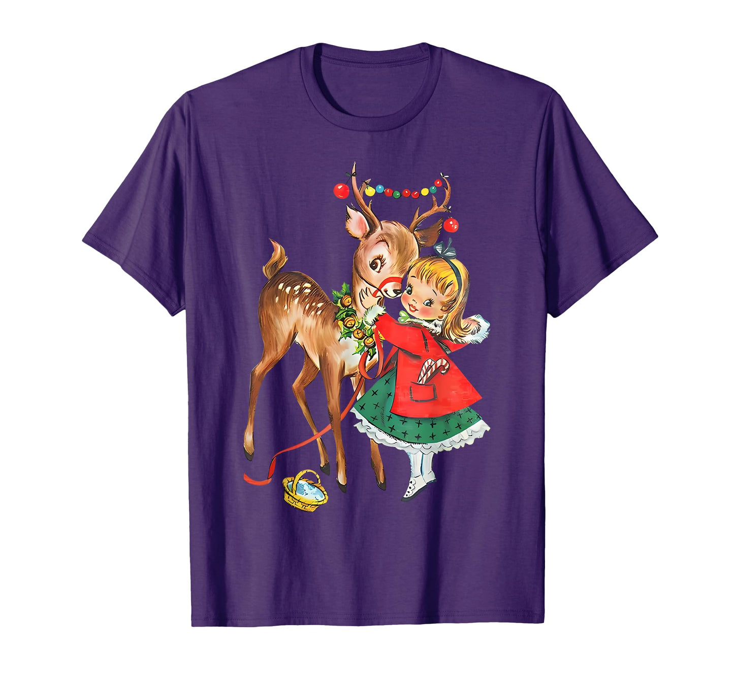 Vintage 1950s Old Fashioned Family Christmas Retro Christmas Reindeer And Girl Mid Century Xmas T-Shirt