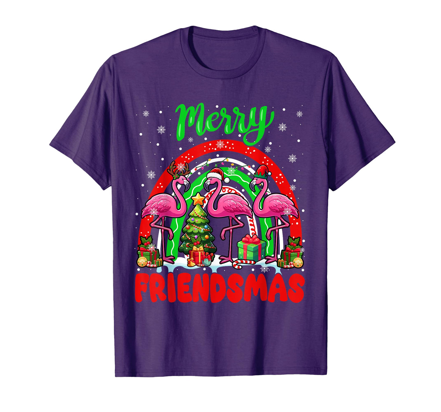 Merry Christmas Friends Three Santa Flamingos Rainbow T-Shirt