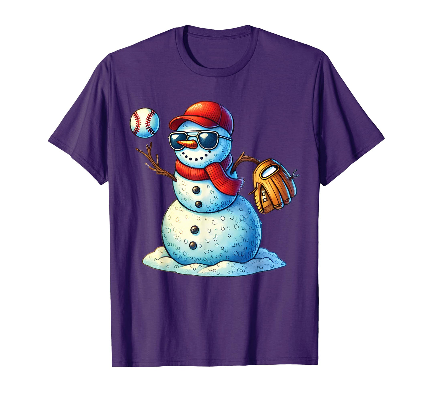 Snowman Playing Baseball as Pitcher Boys Teens Christmas T-Shirt