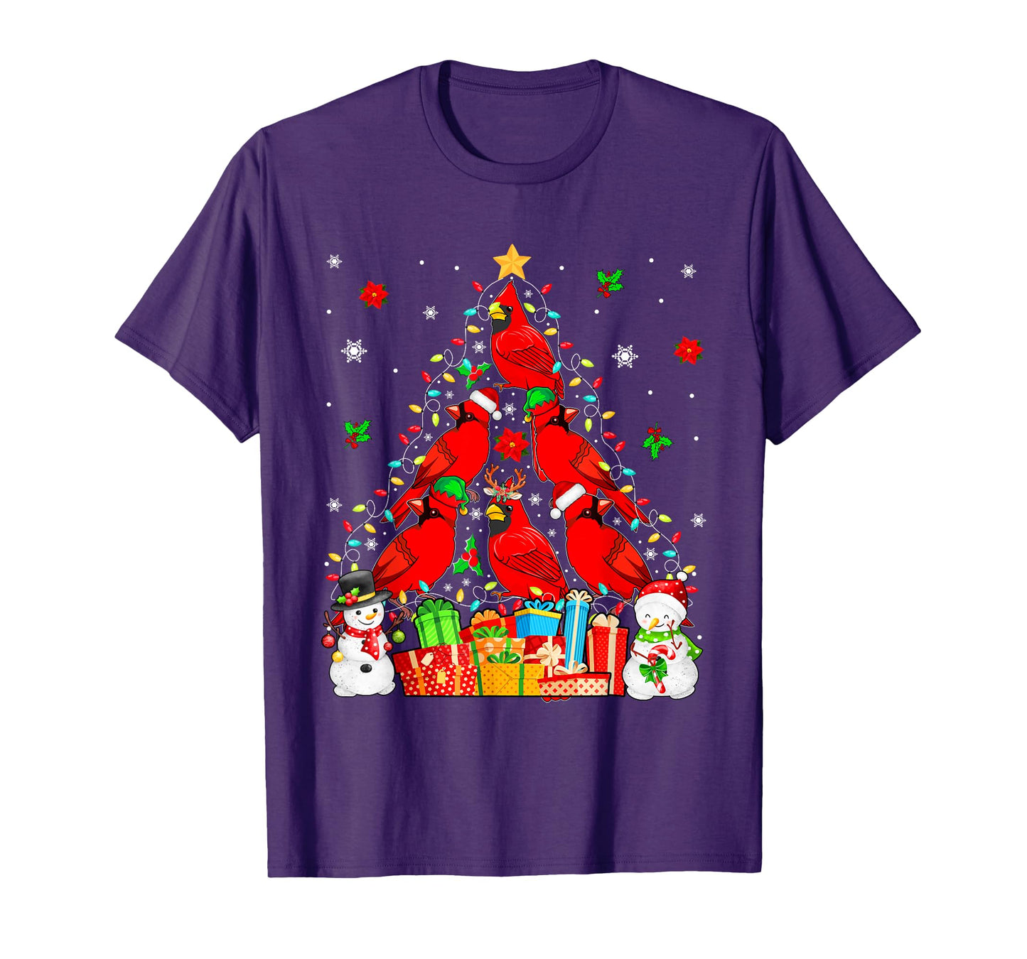 Group Santa Reindeer Elf Cardinal Birds As Xmas Tree Snowmen T-Shirt