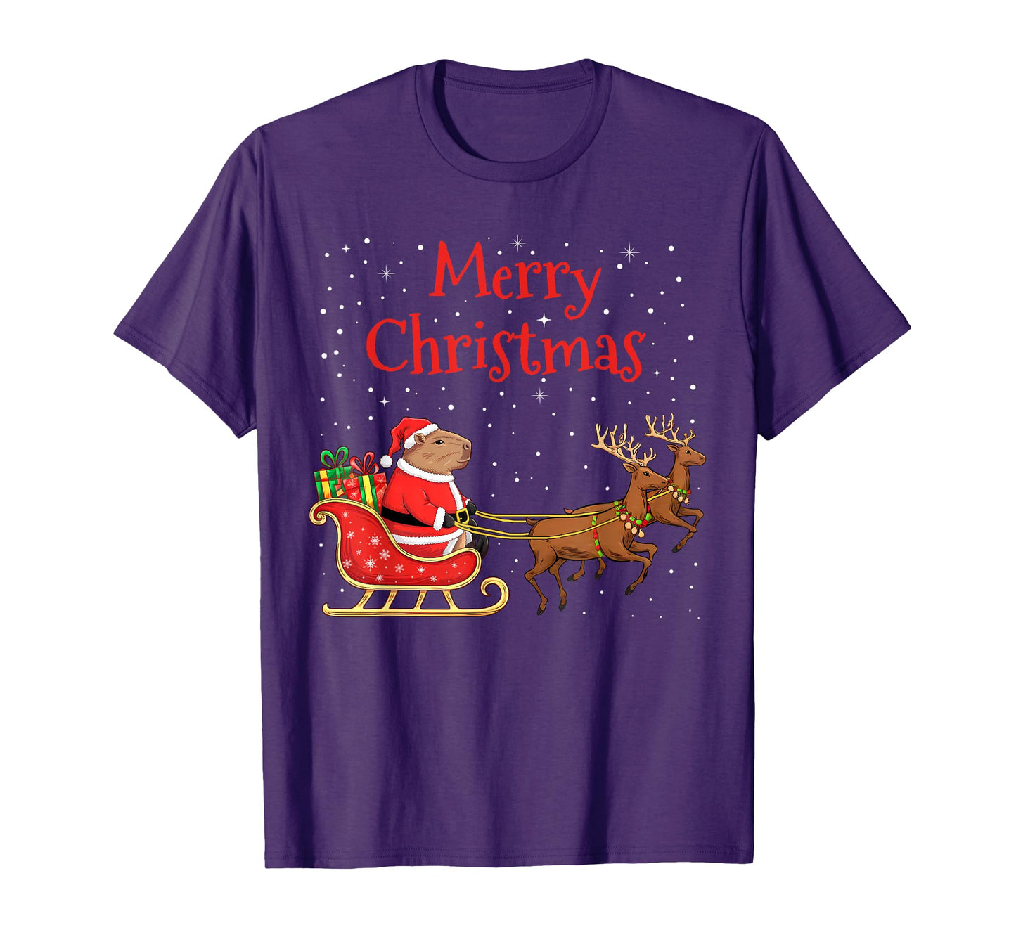 Merry Christmas Capybara Riding Santa Sleigh With Reindeer T-Shirt