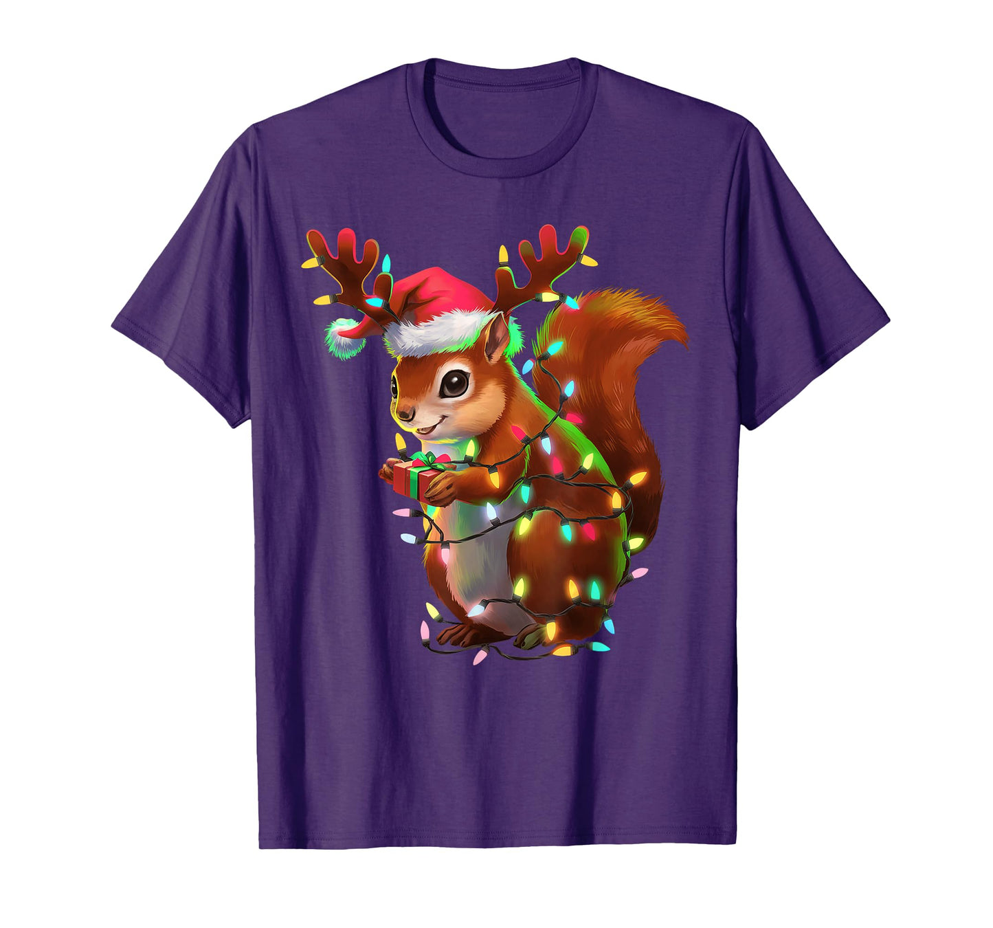 Christmas Squirrel Lights Santa Hat Xmas Family Men Women T-Shirt