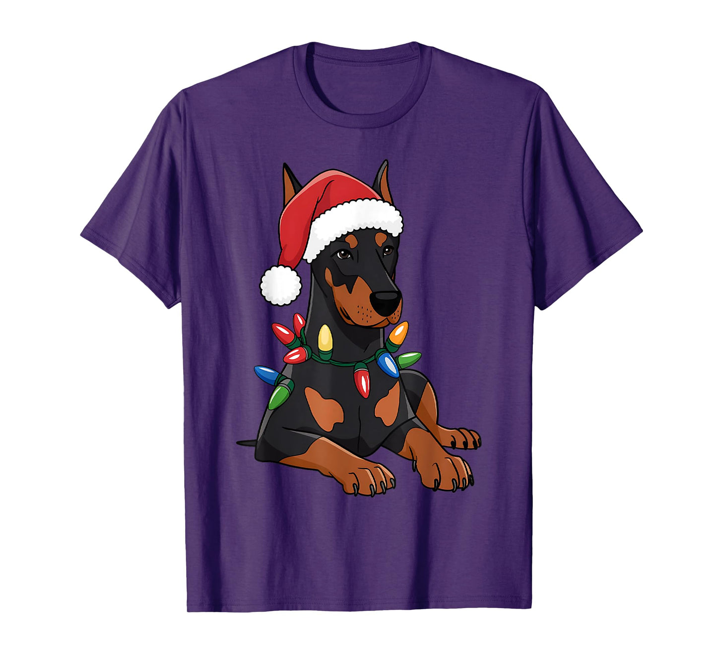 Doberman Santa Christmas Lights Dog Lover Xmas Men Women T-Shirt