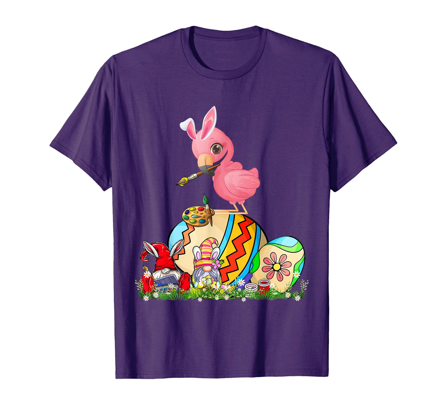 Easter Bunny Flamingo With Gnomes Painting Chocolate Eggs T-Shirt