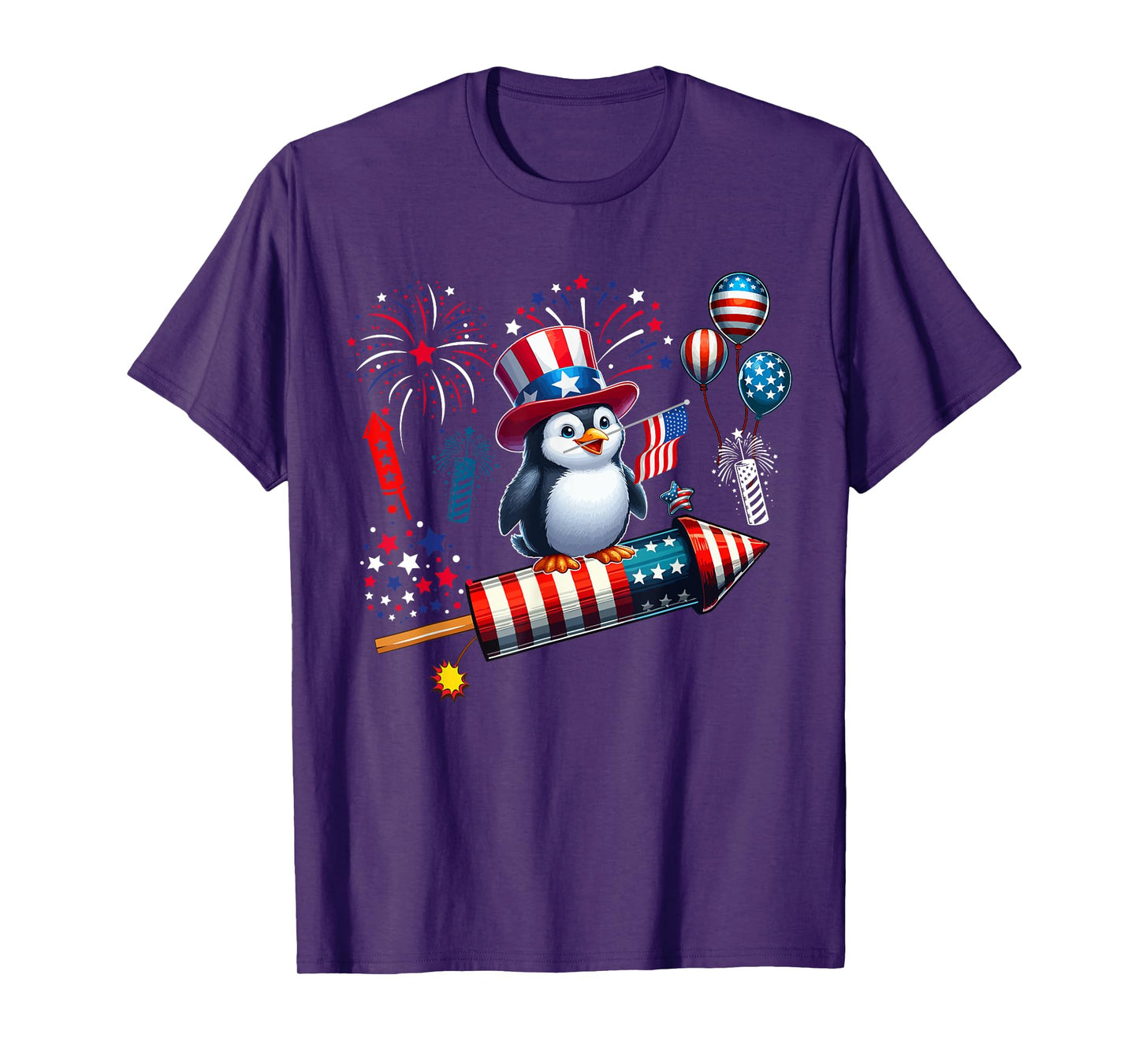 Penguin Riding Firecracker 4th Of July Bird Proud Flag T-Shirt