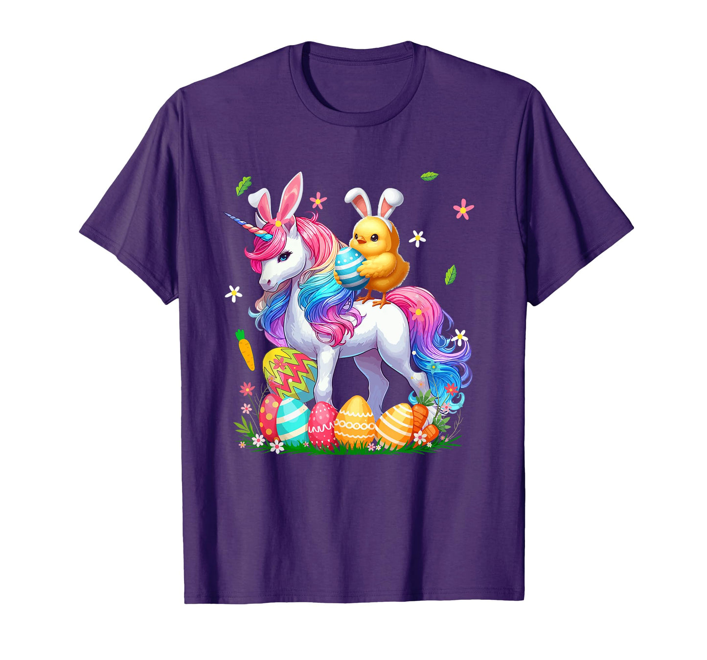 Bunny Chick Ridding Unicorn Easter Hunting Colourful Eggs T-Shirt