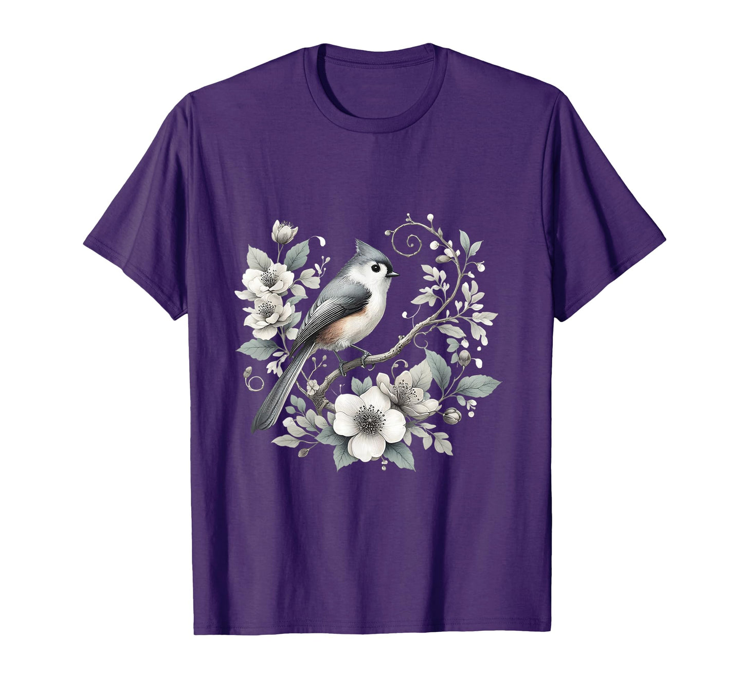Charming Tufted Titmouse Bird with Floral Nature Design T-Shirt
