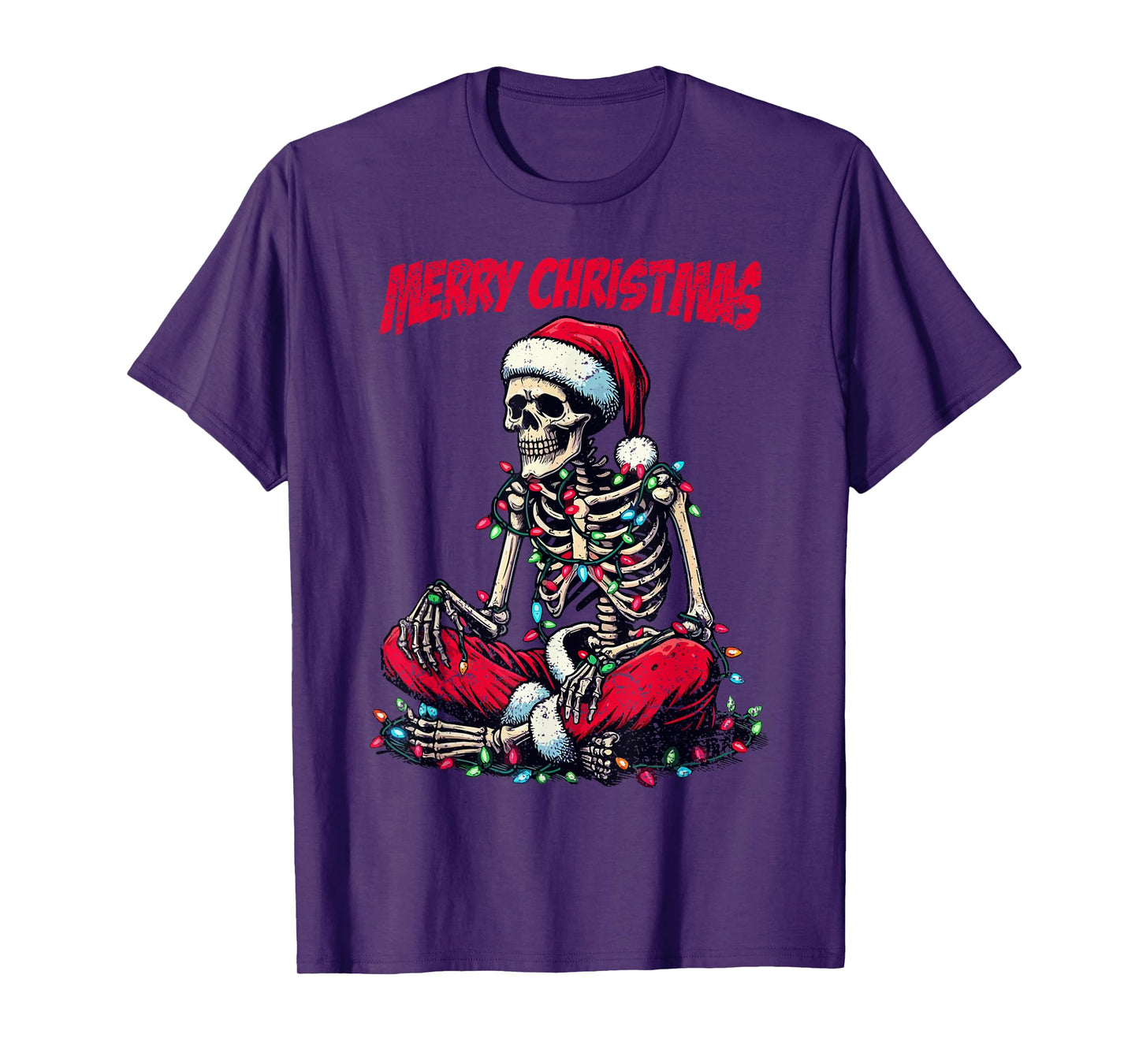 Skeleton Santa Hat Merry Christmas X-mas Lights Holiday T-Shirt