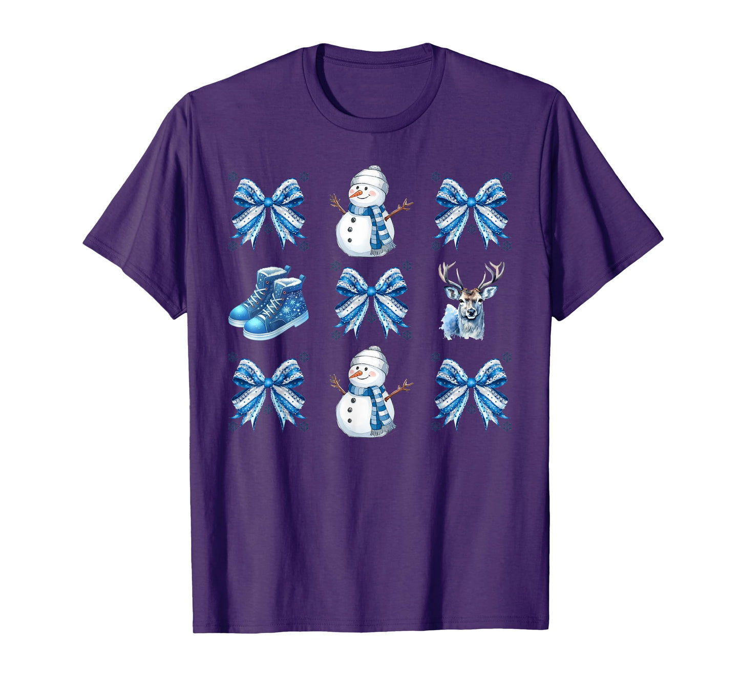 Cute Snowman Coquette Bow Winter Wonderland Icy Blue Xmas T-Shirt
