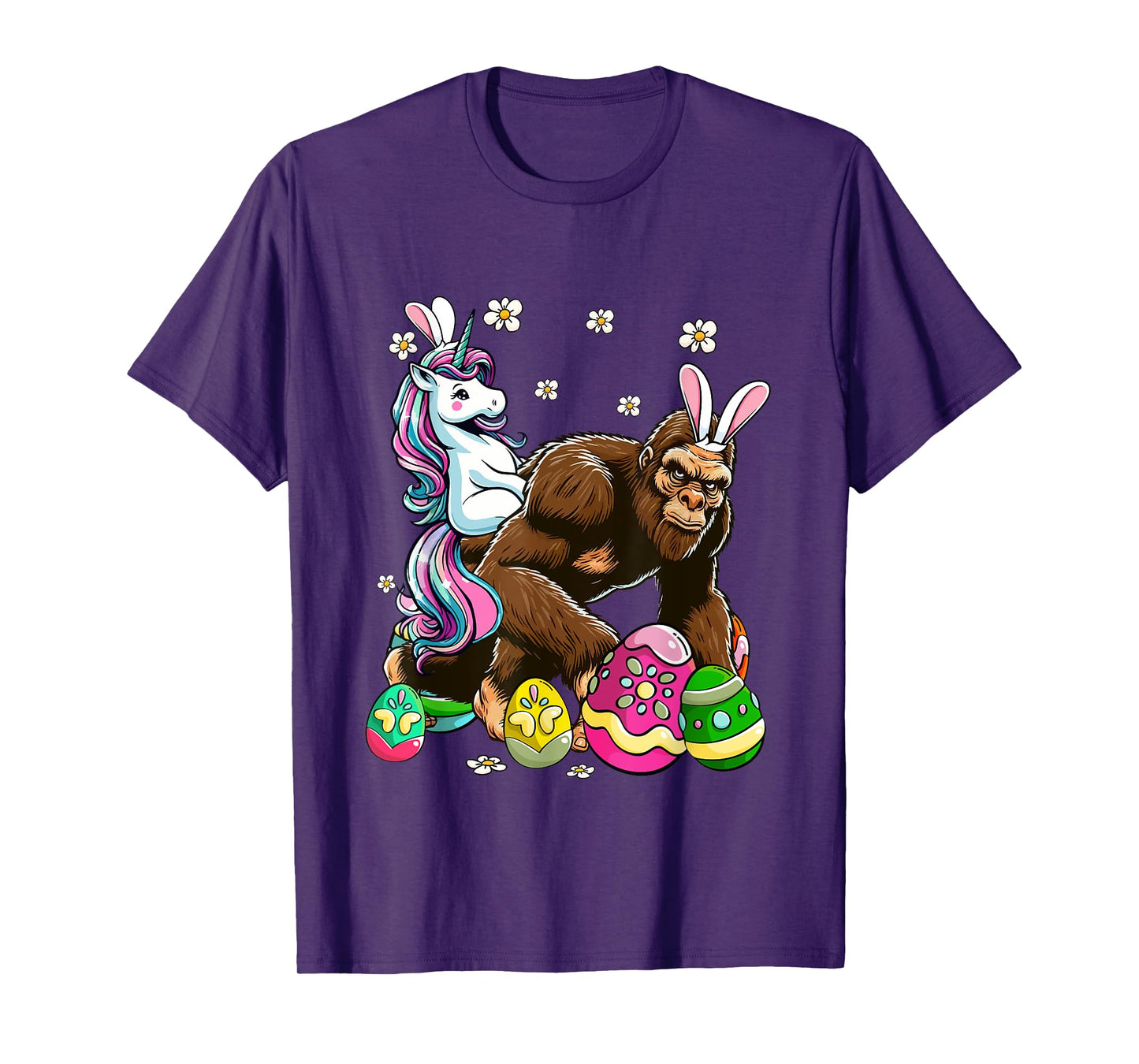 Bunny Unicorn Riding Bigfoot Flowers Easter Day Hunting Eggs T-Shirt