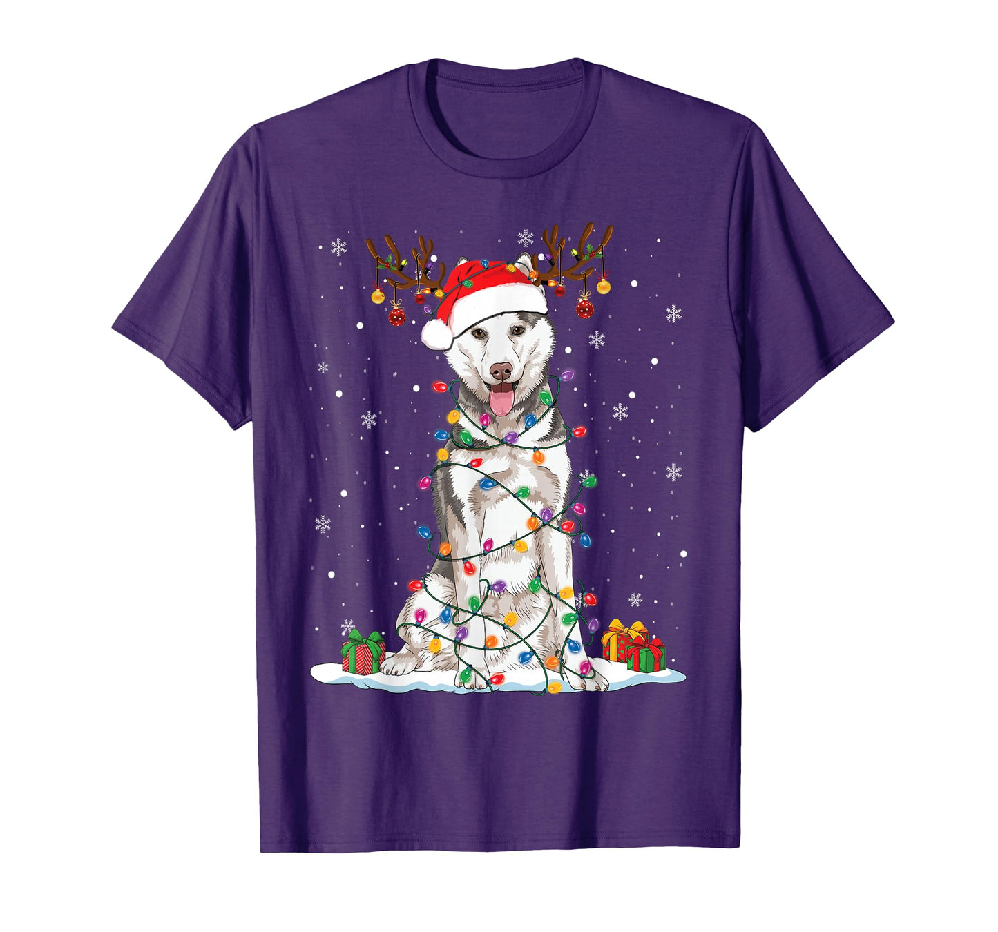 Funny Husky Dog Tree Christmas Lights Xmas Pajama T-Shirt for Men Women Kids