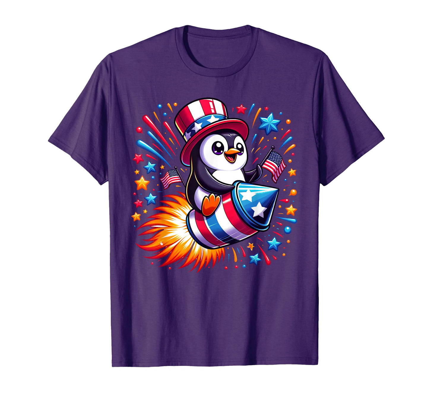 Cute Penguin 4th July Fireworks American USA Flag Boys Girls T-Shirt