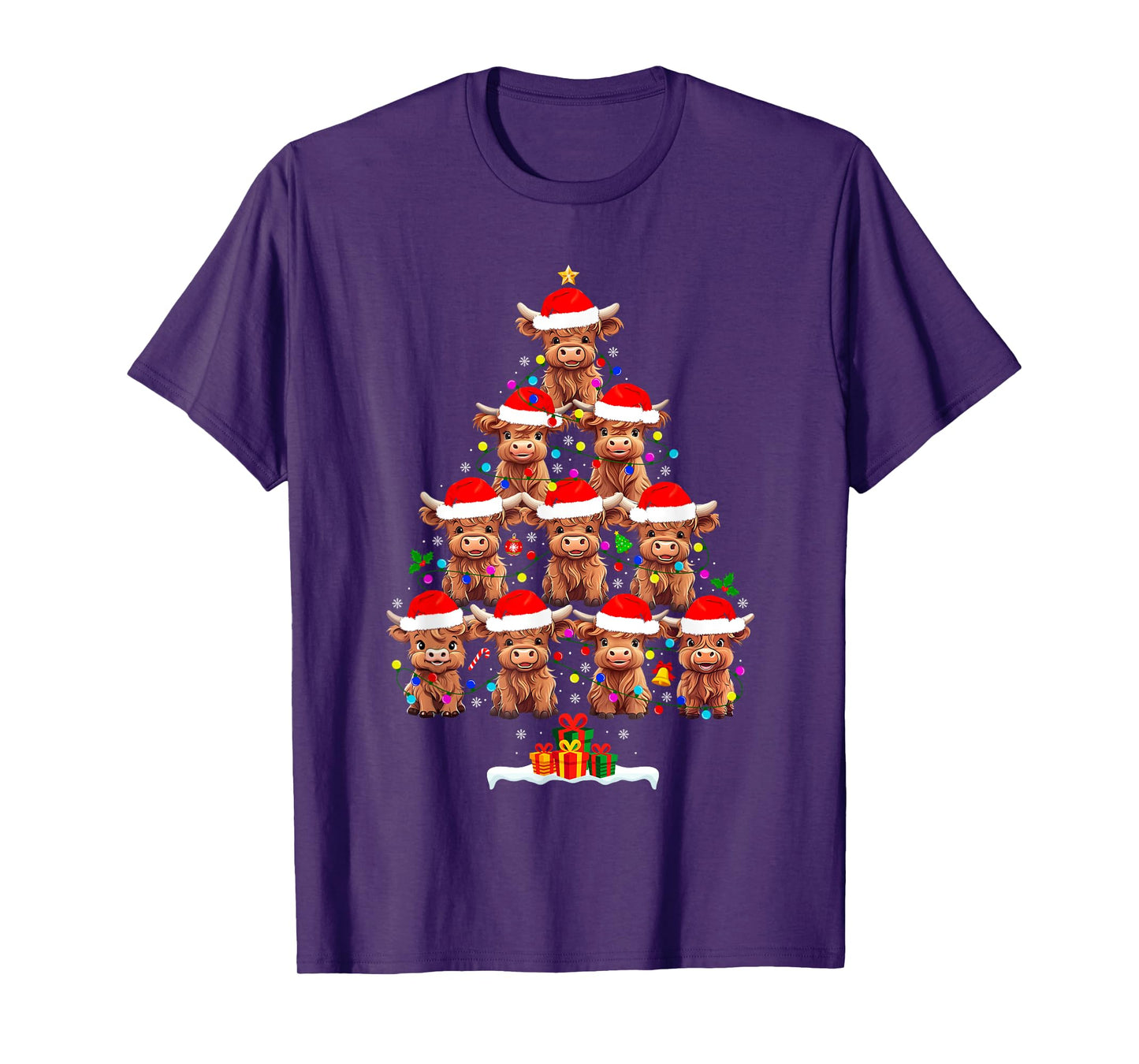 Scottish Highland Cow Christmas Tree Lights Xmas Pajamas T-Shirt