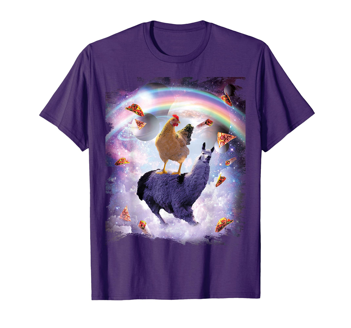 Chicken Riding Llama in Space - Rainbow T-Shirt