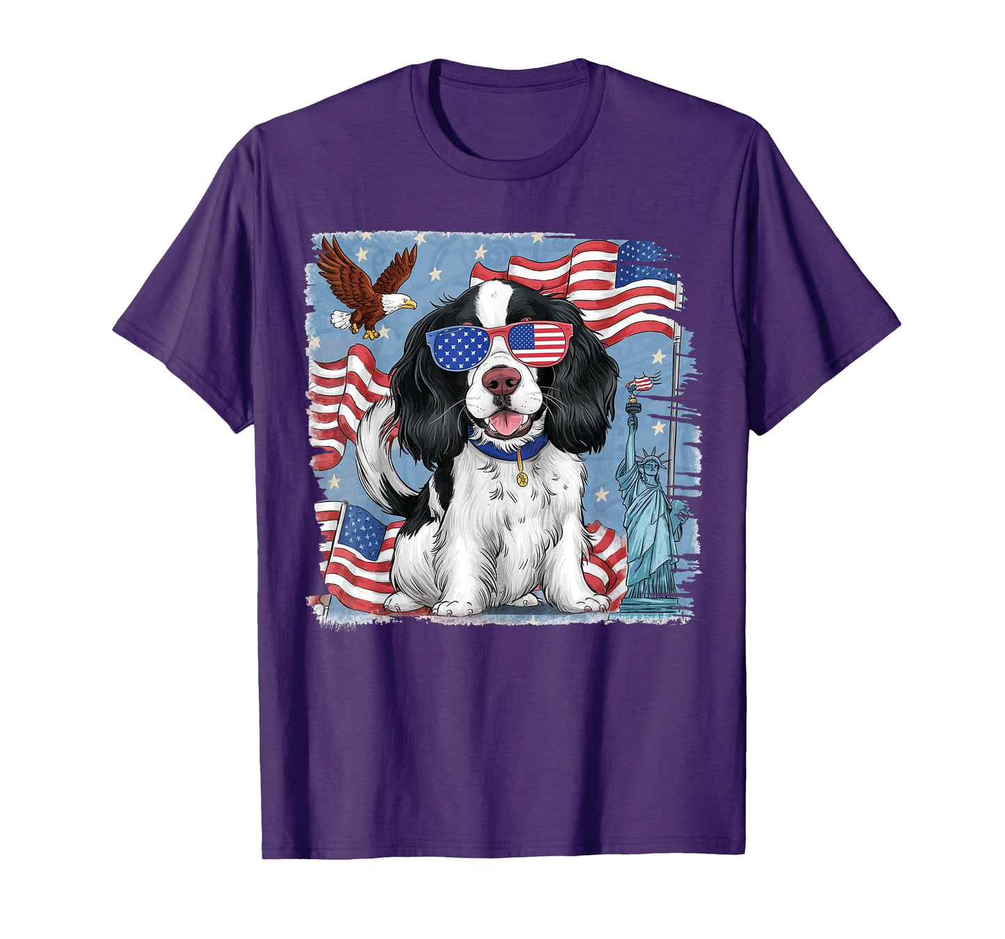 English Springer Spaniel Dog with American Flag 4th of July Women Kids Men T-Shirt