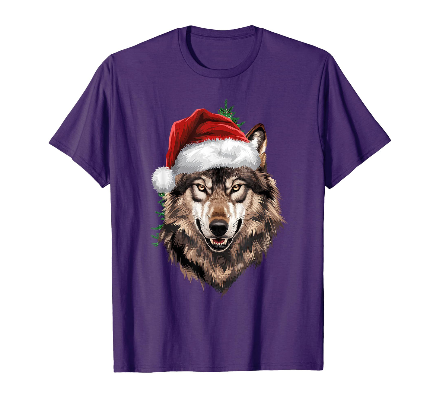Wolf Christmas Funny Xmas tree Wearing Santa Hat T-Shirt