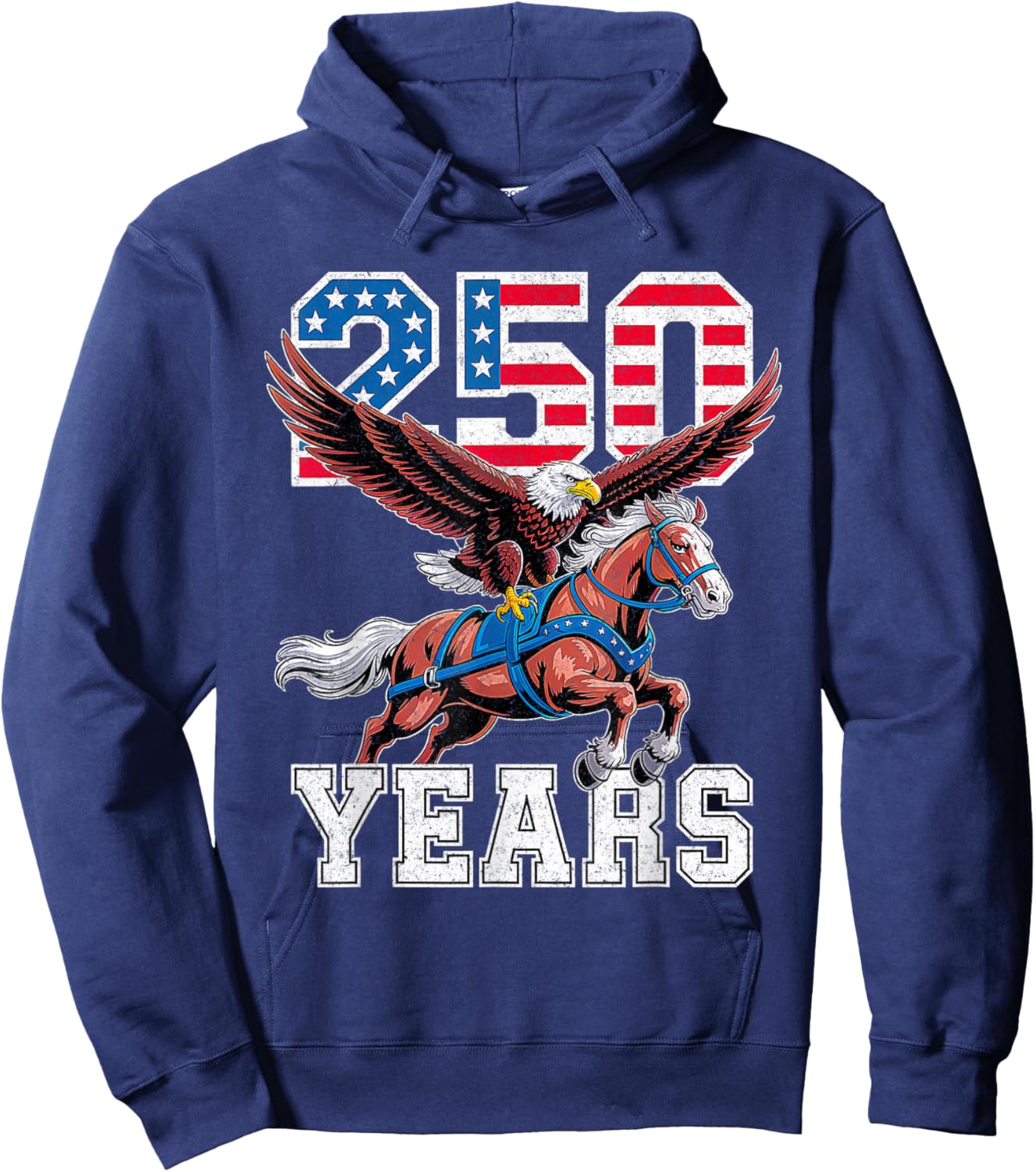Retro USA 250th Anniversary Bald Eagle and Clydesdale Horse T-Shirt Hoodie - Hoodie | Navy