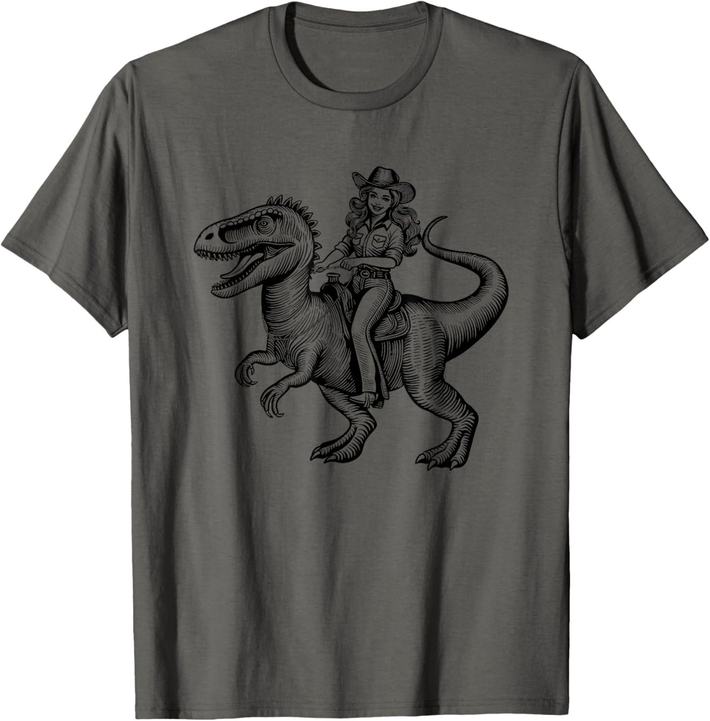 Generic Funny Retro Vintage Western Cowboy Cowgirl Riding a Dinosaur T-Shirt, Small, Grey
