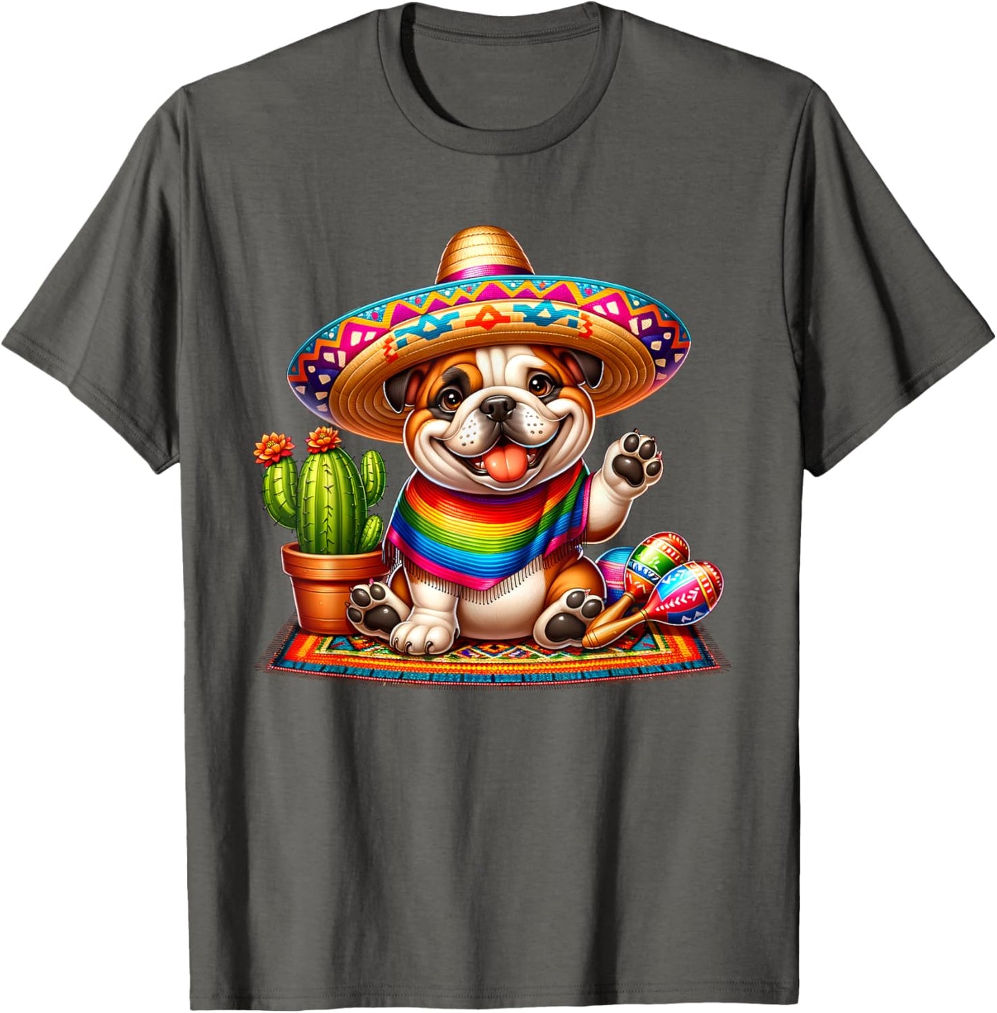 Funny Cute Bulldog Saying Hi Cinco De Mayo Sombrero Maracas T-Shirt