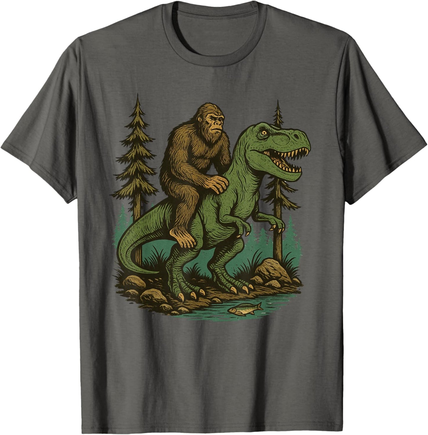 Bigfoot Riding T Rex Dinosaur Funny Forest Cryptid Graphic T-Shirt