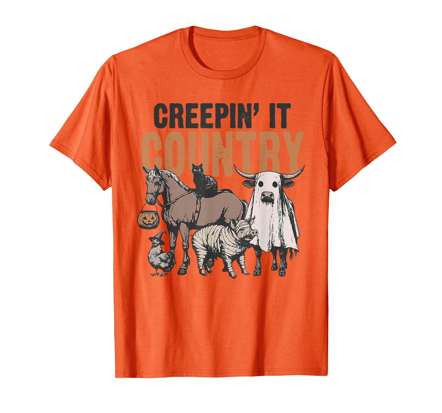 Creepin' It Country Halloween Farm Animal Cow Black Cat Pig T-Shirt