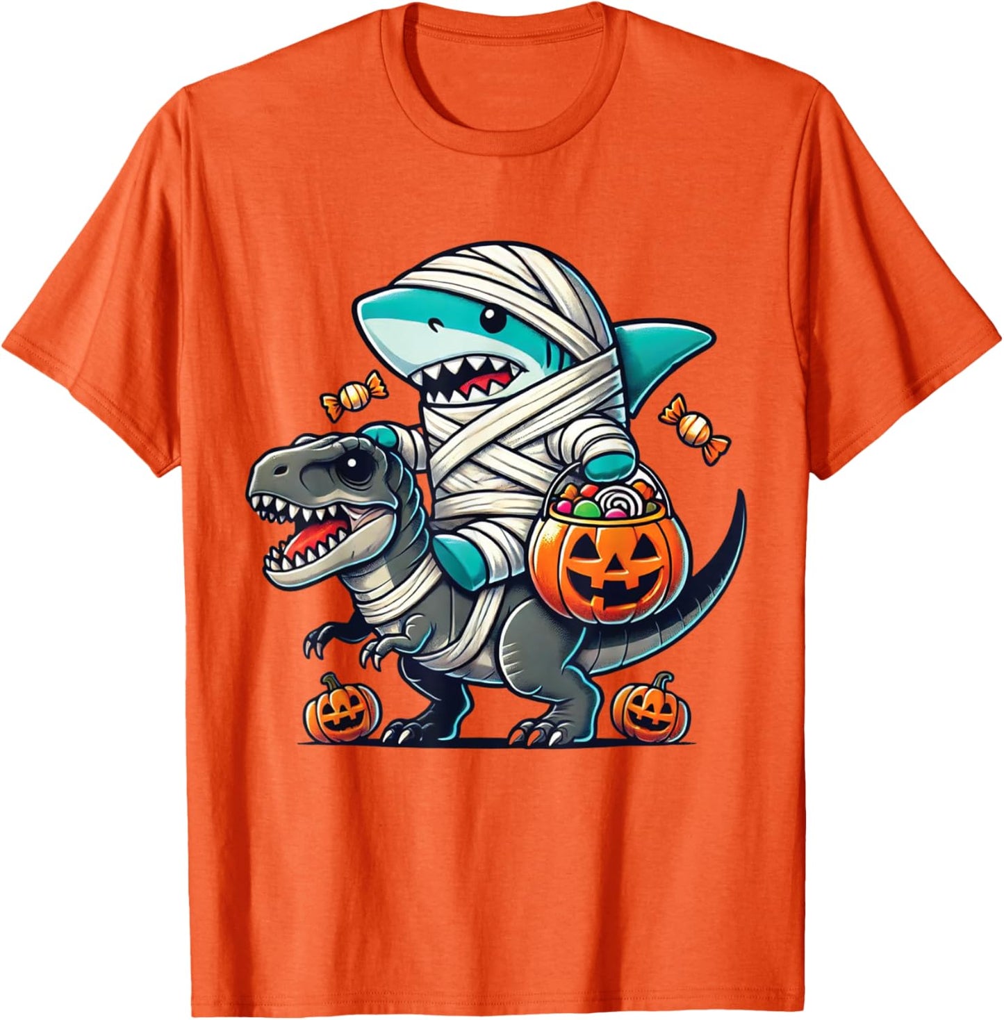 Shark Riding Dinosaur T-rex Funny Halloween Pumpkin Boys Kid T-Shirt