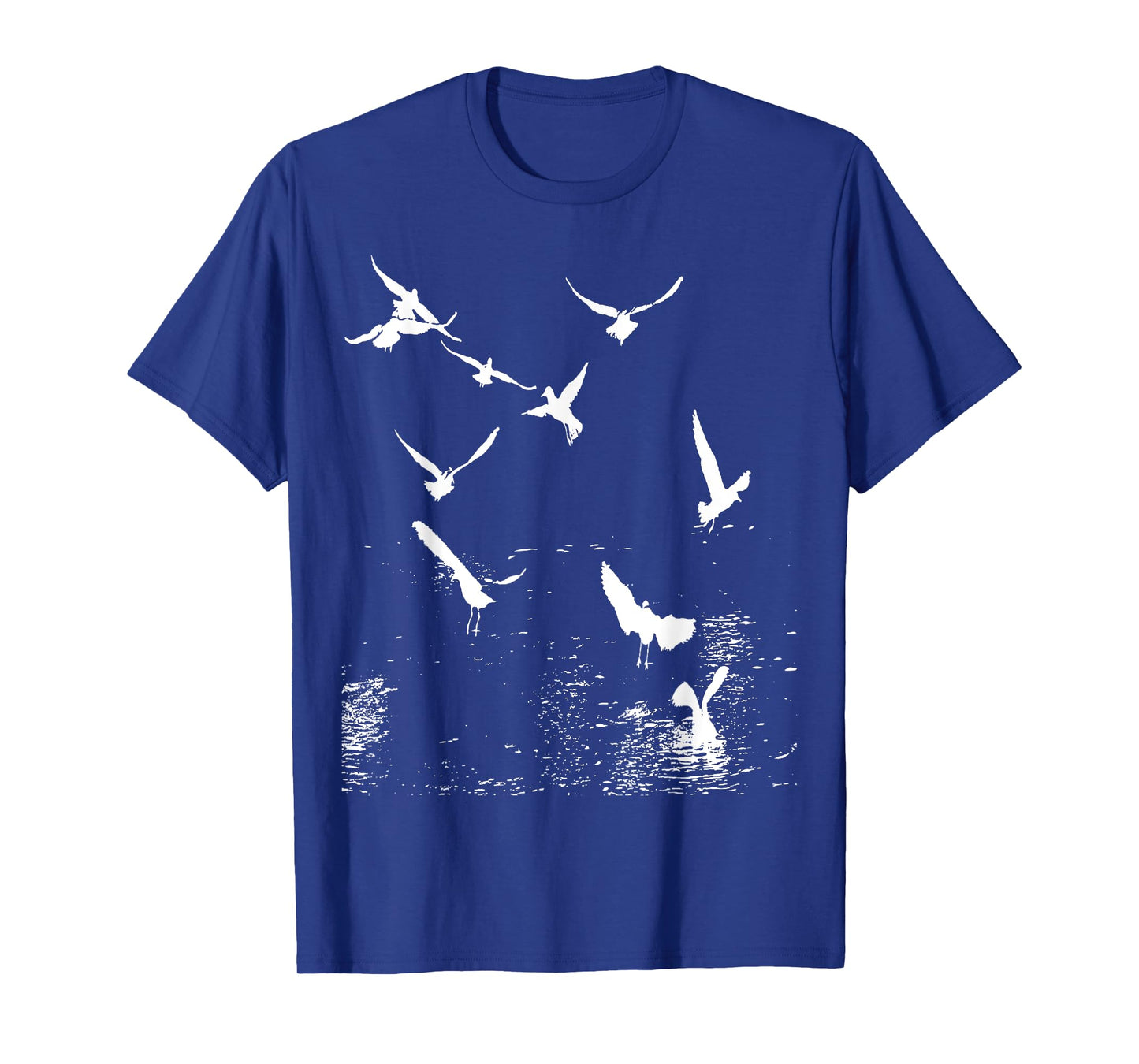 White Silhouette Of A Flock Of Seagulls Over Water T-Shirt