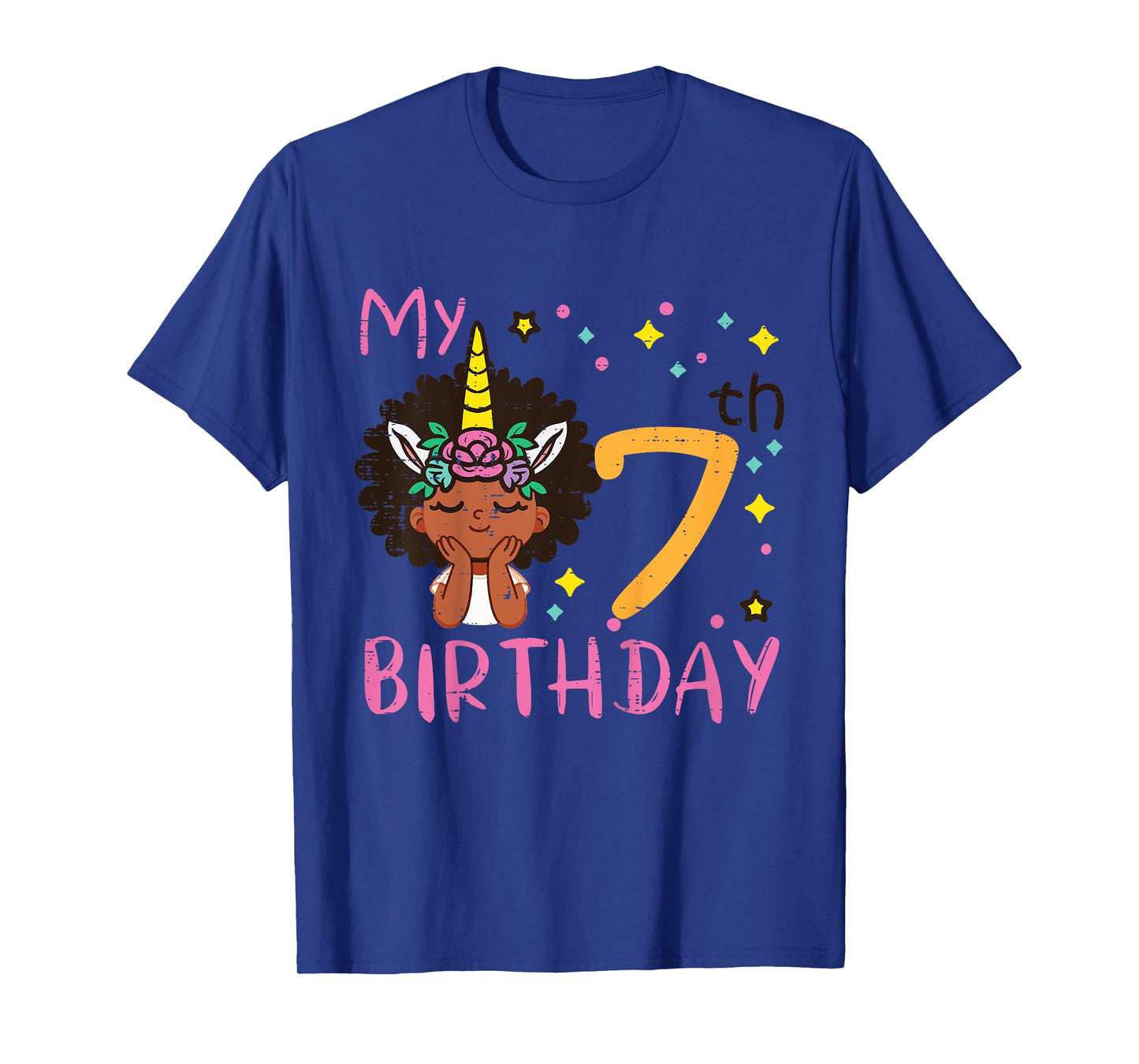 7th Birthday Afro Black Girl Unicorn 7 Year Old Bday Girls T-Shirt