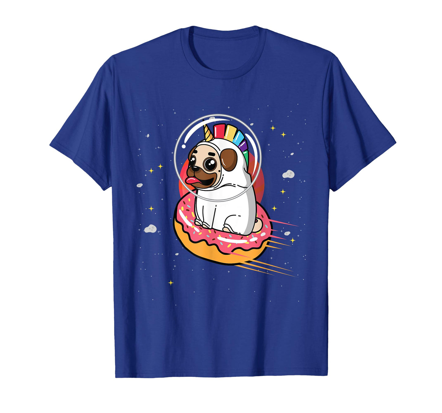Pug in Rainbow Unicorn Costume riding Donut in Space T-Shirt
