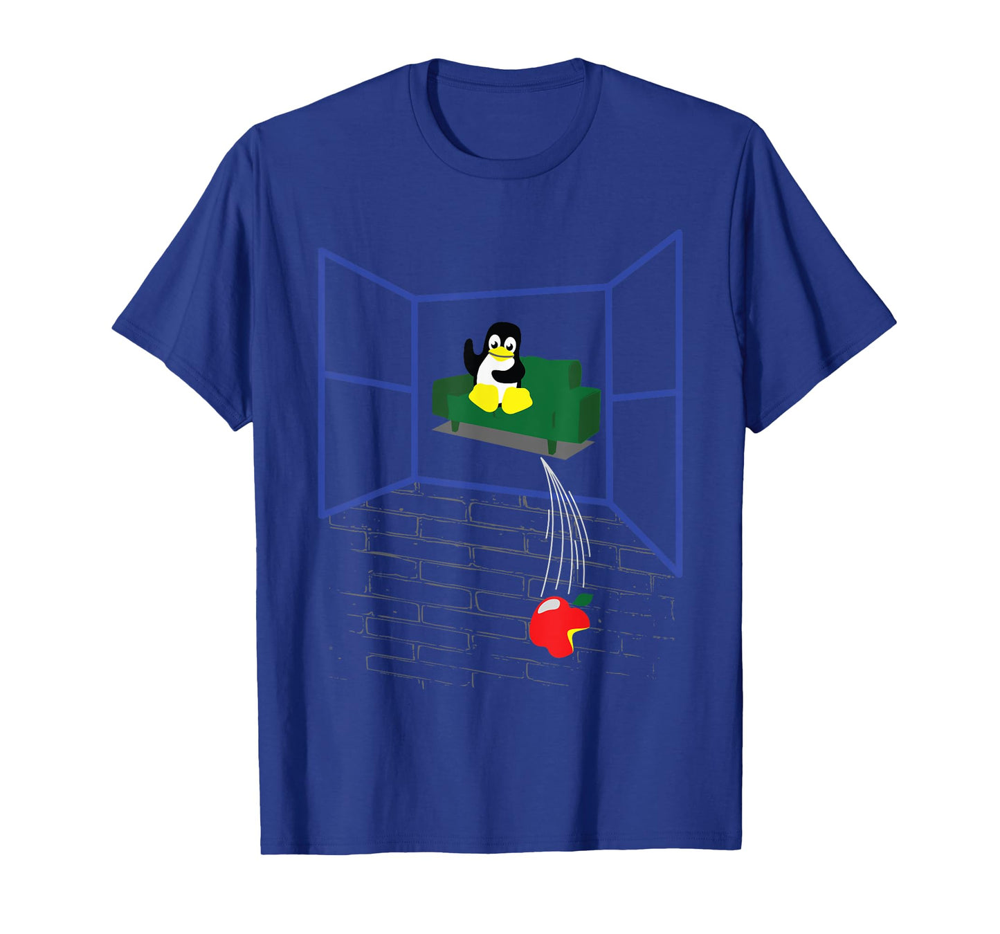 Womens Linux Penguin Throws an Apple Through the Window Funny Shirt Large Black