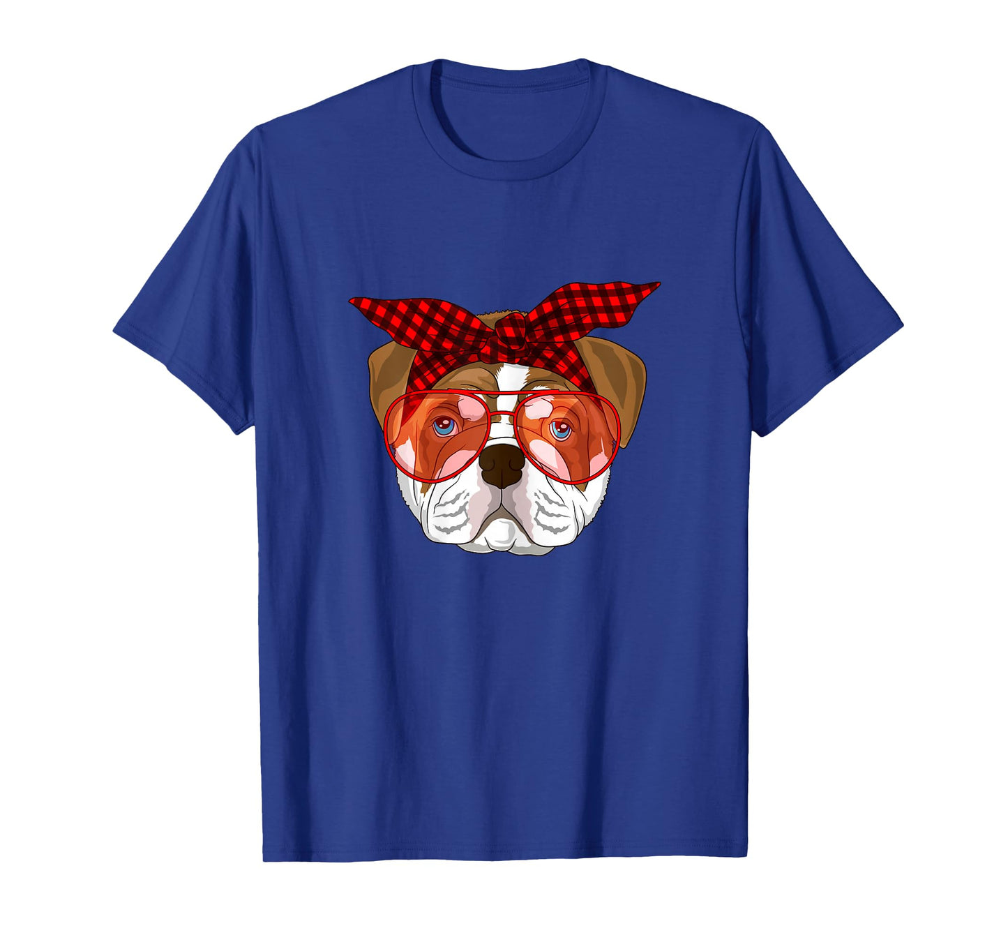 English Bulldog Xmas red plaid bandana Glasses T-Shirt