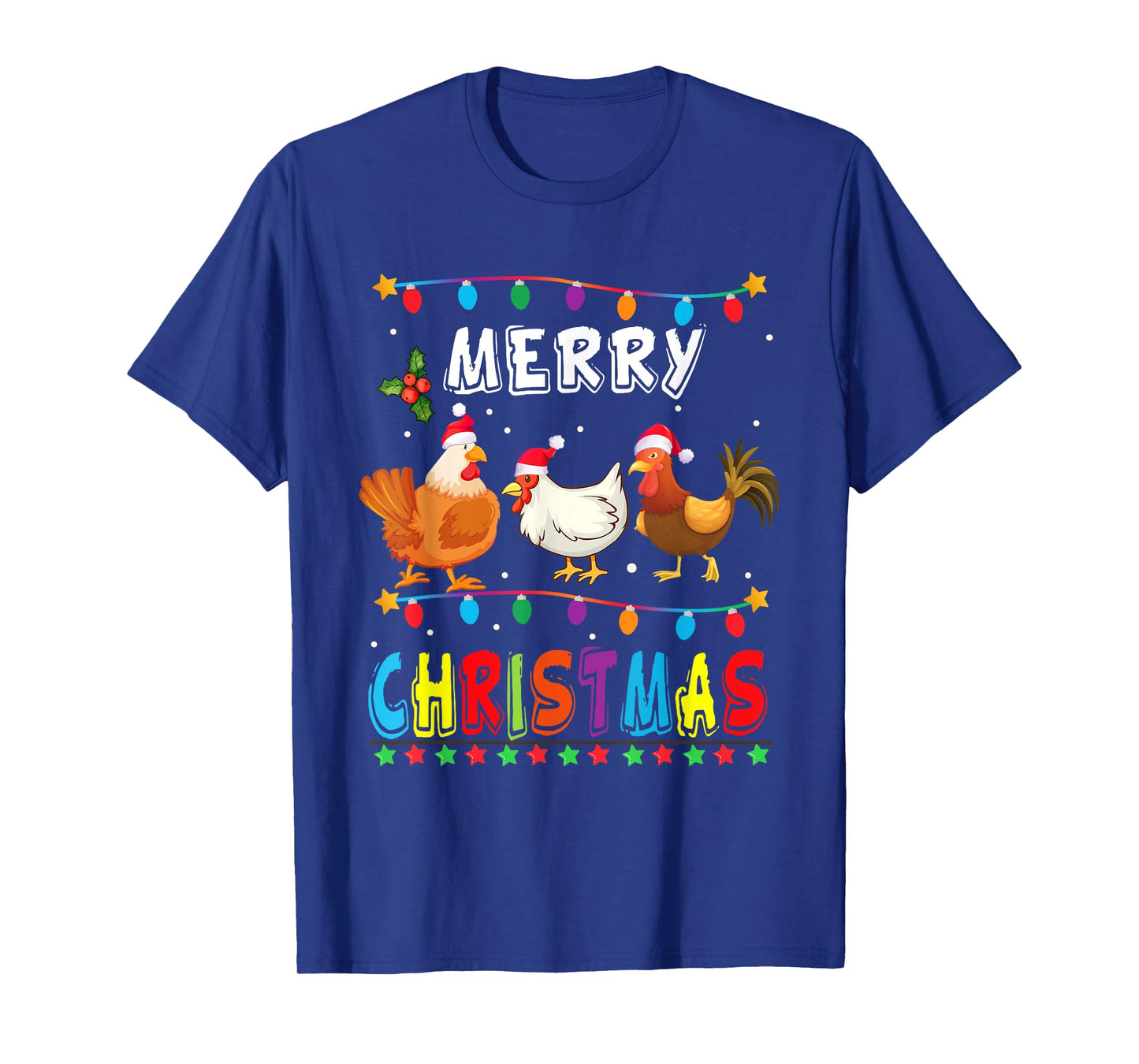 Merry Christmas Chicken Shirt Santa Hat Lights Xmas Funny T-Shirt