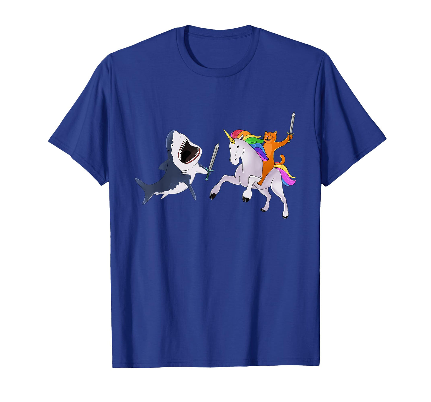 Funny Cat Riding Magical Unicorn Sword Fighting Shark T-Shirt